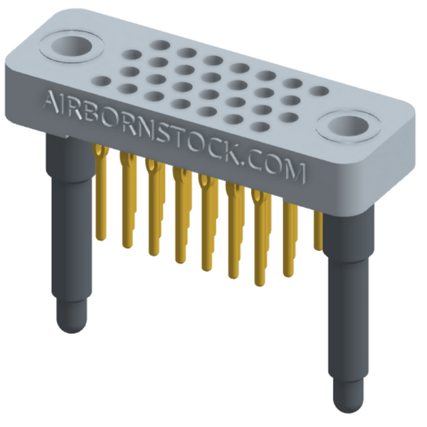 RC442-028-311-4000 - Low-profile, stackable vertical press-fit board-mount connector, with 4 rows and 7 columns (28 total contacts), and guide hardware.