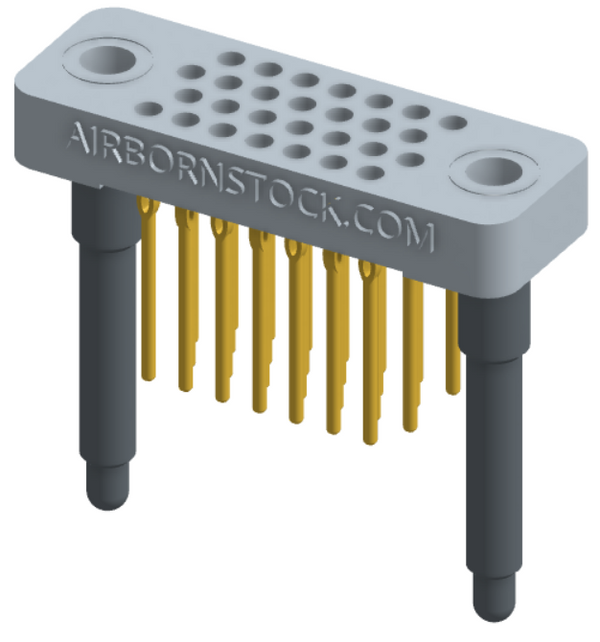 RC442-028-321-4100 - Low-profile, stackable vertical press-fit board-mount connector, with 4 rows and 7 columns (28 total contacts), and guide hardware.