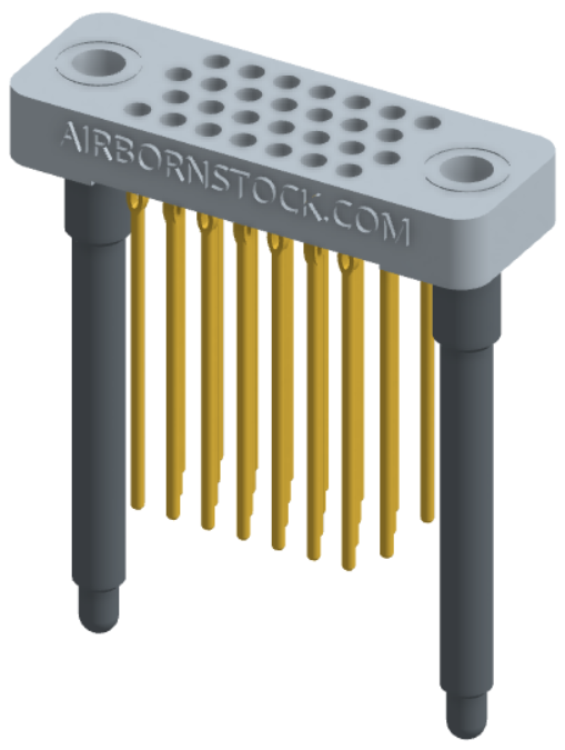 RC442-028-341-4300 - Low-profile, stackable vertical press-fit board-mount connector, with 4 rows and 7 columns (28 total contacts), and guide hardware.