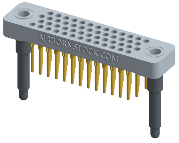 RC442-052-311-4000 - Low-profile, stackable vertical press-fit board-mount connector, with 4 rows and 13 columns (52 total contacts), and guide hardware.