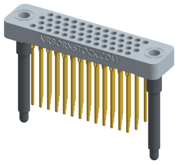 RC442-052-331-4200 - Low-profile, stackable vertical press-fit board-mount connector, with 4 rows and 13 columns (52 total contacts), and guide hardware.