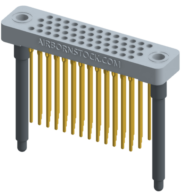 RC442-052-341-4300 - Low-profile, stackable vertical press-fit board-mount connector, with 4 rows and 13 columns (52 total contacts), and guide hardware.