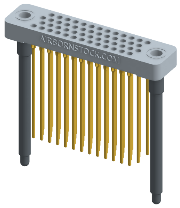 RC442-052-361-4500 - Low-profile, stackable vertical press-fit board-mount connector, with 4 rows and 13 columns (52 total contacts), and guide hardware.