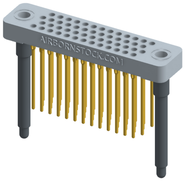 RC442-052-371-4600 - Low-profile, stackable vertical press-fit board-mount connector, with 4 rows and 13 columns (52 total contacts), and guide hardware.