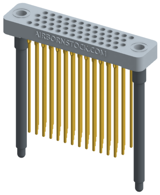 RC442-052-381-4700 - Low-profile, stackable vertical press-fit board-mount connector, with 4 rows and 13 columns (52 total contacts), and guide hardware.