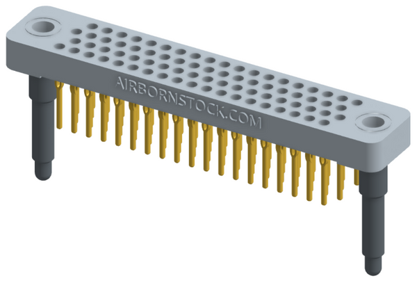 RC442-076-301-3900 - Low-profile, stackable vertical press-fit board-mount connector, with 4 rows and 19 columns (76 total contacts), and guide hardware.