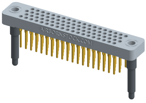 RC442-076-311-4000 - Low-profile, stackable vertical press-fit board-mount connector, with 4 rows and 19 columns (76 total contacts), and guide hardware.