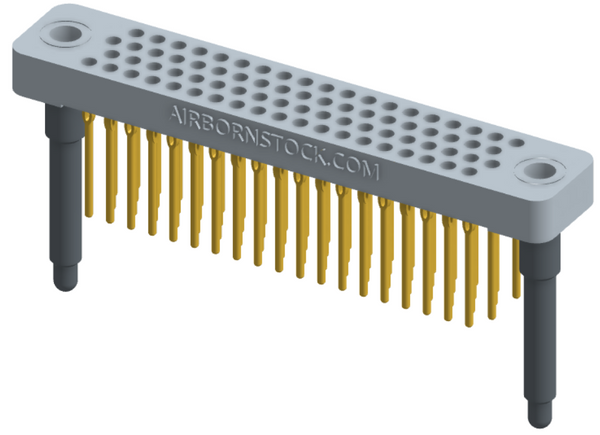 RC442-076-321-4100 - Low-profile, stackable vertical press-fit board-mount connector, with 4 rows and 19 columns (76 total contacts), and guide hardware.