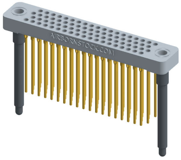 RC442-076-341-4300 - Low-profile, stackable vertical press-fit board-mount connector, with 4 rows and 19 columns (76 total contacts), and guide hardware.
