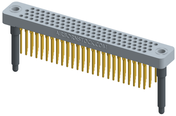 RC442-100-321-4100 - Low-profile, stackable vertical press-fit board-mount connector, with 4 rows and 25 columns (100 total contacts), and guide hardware.