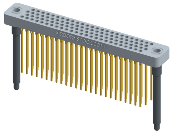 RC442-100-341-4300 - Low-profile, stackable vertical press-fit board-mount connector, with 4 rows and 25 columns (100 total contacts), and guide hardware.