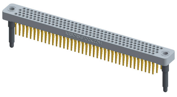RC442-152-301-3900 - Low-profile, stackable vertical press-fit board-mount connector, with 4 rows and 38 columns (152 total contacts), and guide hardware.