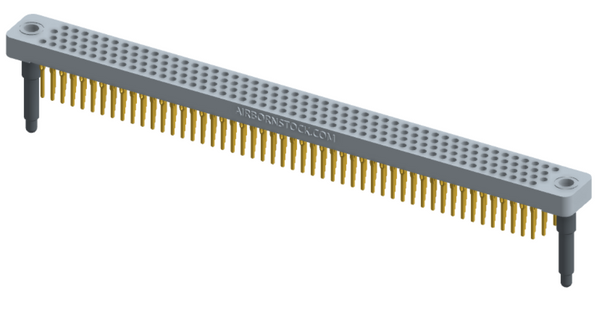 RC442-200-301-3900 - Low-profile, stackable vertical press-fit board-mount connector, with 4 rows and 50 columns (200 total contacts), and guide hardware.