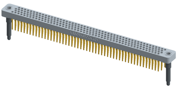 RC442-200-311-4000 - Low-profile, stackable vertical press-fit board-mount connector, with 4 rows and 50 columns (200 total contacts), and guide hardware.