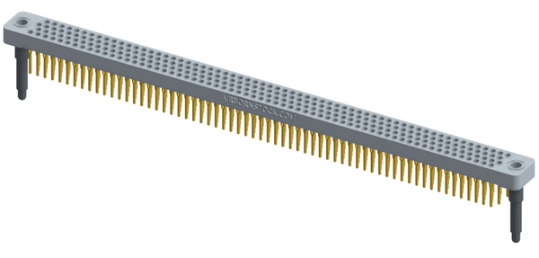 RC442-252-301-3900 - Low-profile, stackable vertical press-fit board-mount connector, with 4 rows and 63 columns (252 total contacts), and guide hardware.