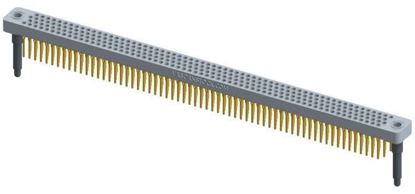 RC442-252-311-4000 - Low-profile, stackable vertical press-fit board-mount connector, with 4 rows and 63 columns (252 total contacts), and guide hardware.