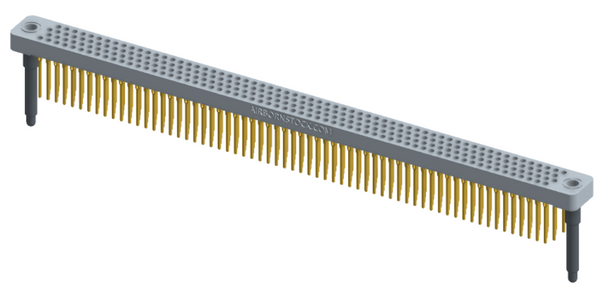 RC442-252-321-4100 - Low-profile, stackable vertical press-fit board-mount connector, with 4 rows and 63 columns (252 total contacts), and guide hardware.