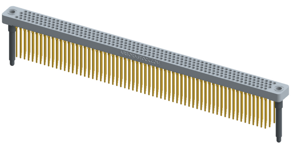 RC442-252-331-4200 - Low-profile, stackable vertical press-fit board-mount connector, with 4 rows and 63 columns (252 total contacts), and guide hardware.