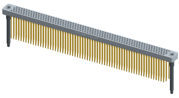RC442-252-341-4300 - Low-profile, stackable vertical press-fit board-mount connector, with 4 rows and 63 columns (252 total contacts), and guide hardware.