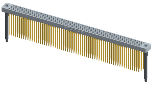 RC442-252-351-4400 - Low-profile, stackable vertical press-fit board-mount connector, with 4 rows and 63 columns (252 total contacts), and guide hardware.