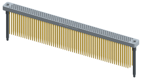 RC442-252-361-4500 - Low-profile, stackable vertical press-fit board-mount connector, with 4 rows and 63 columns (252 total contacts), and guide hardware.