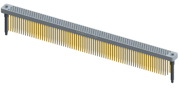 RC442-300-331-4200 - Low-profile, stackable vertical press-fit board-mount connector, with 4 rows and 75 columns (300 total contacts), and guide hardware.