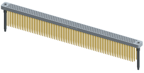 RC442-300-341-4300 - Low-profile, stackable vertical press-fit board-mount connector, with 4 rows and 75 columns (300 total contacts), and guide hardware.