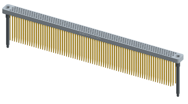 RC442-300-361-4500 - Low-profile, stackable vertical press-fit board-mount connector, with 4 rows and 75 columns (300 total contacts), and guide hardware.