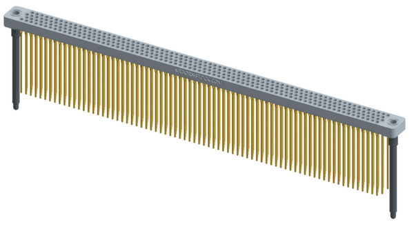 RC442-300-381-4700 - Low-profile, stackable vertical press-fit board-mount connector, with 4 rows and 75 columns (300 total contacts), and guide hardware.